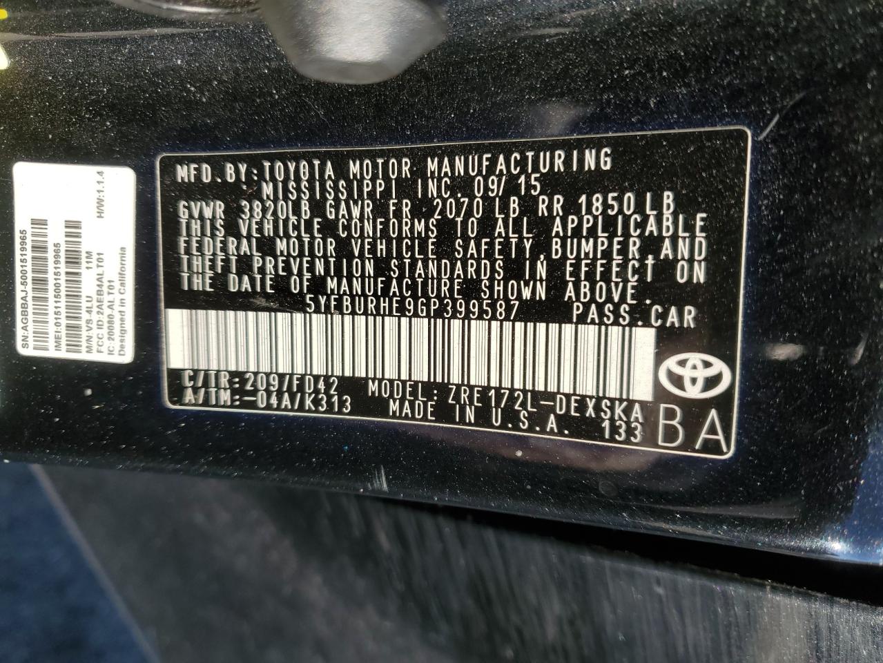 2016 Toyota Corolla VIN 5YFBURHE9GP399587 Copart auction photo, rear end damage thumbnail 15
