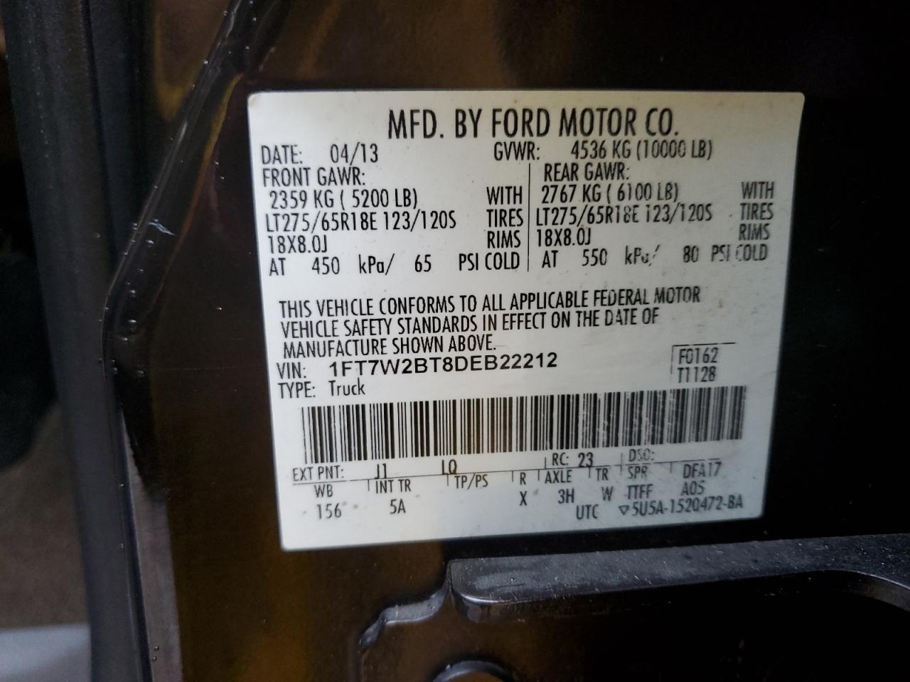 2013 Ford F250 VIN 1FT7W2BT8DEB22212 Copart auction photo, front end damage thumbnail 12