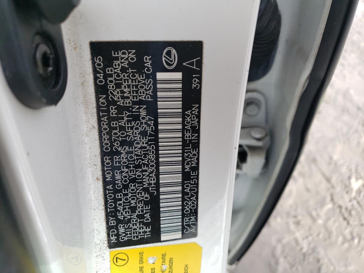 2005 Lexus ES VIN JTHBA30G855117547 Copart auction photo, front end / minor dent/scratches damage thumbnail 14