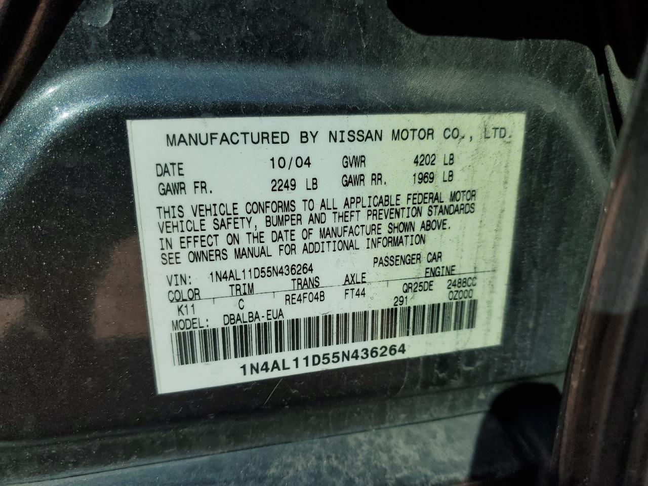2005 Nissan Altima VIN 1N4AL11D55N436264 Copart auction photo, water/flood / minor dent/scratches damage thumbnail 12