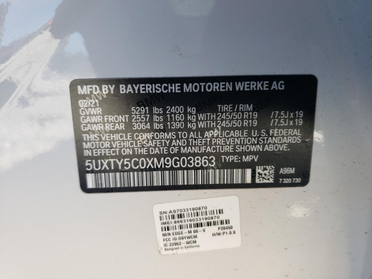 2021 BMW X3 VIN 5UXTY5C0XM9G03863 Copart auction photo, front end / minor dent/scratches damage thumbnail 13