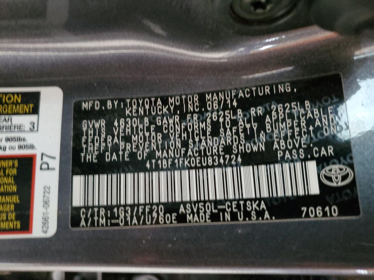 2014 Toyota Camry VIN 4T1BF1FK0EU834724 Copart auction photo, side / minor dent/scratches damage thumbnail 12