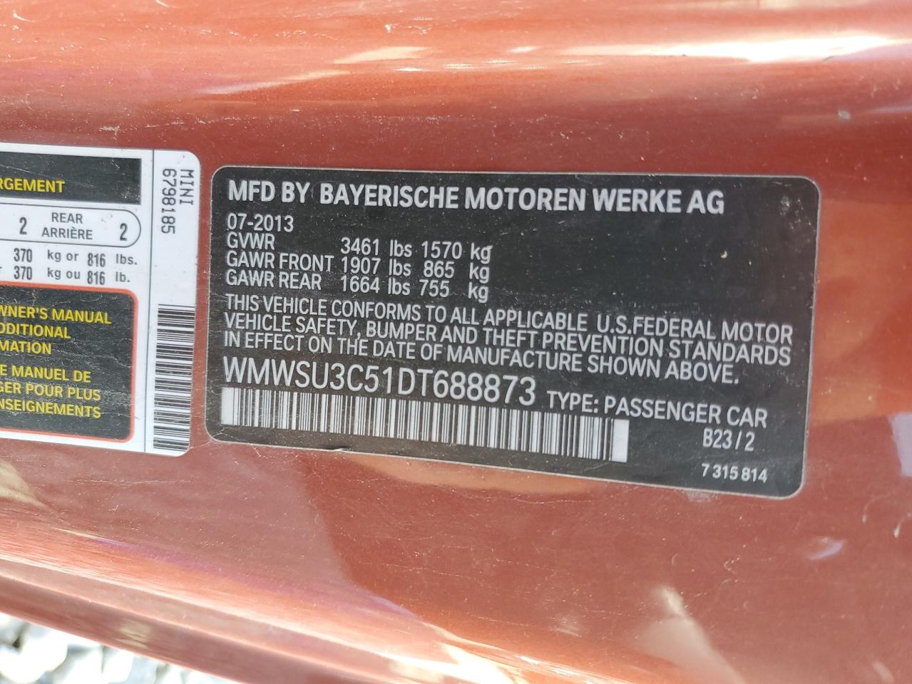 2013 MINI Cooper VIN WMWSU3C51DT688873 Copart auction photo, front end / top/roof damage thumbnail 12