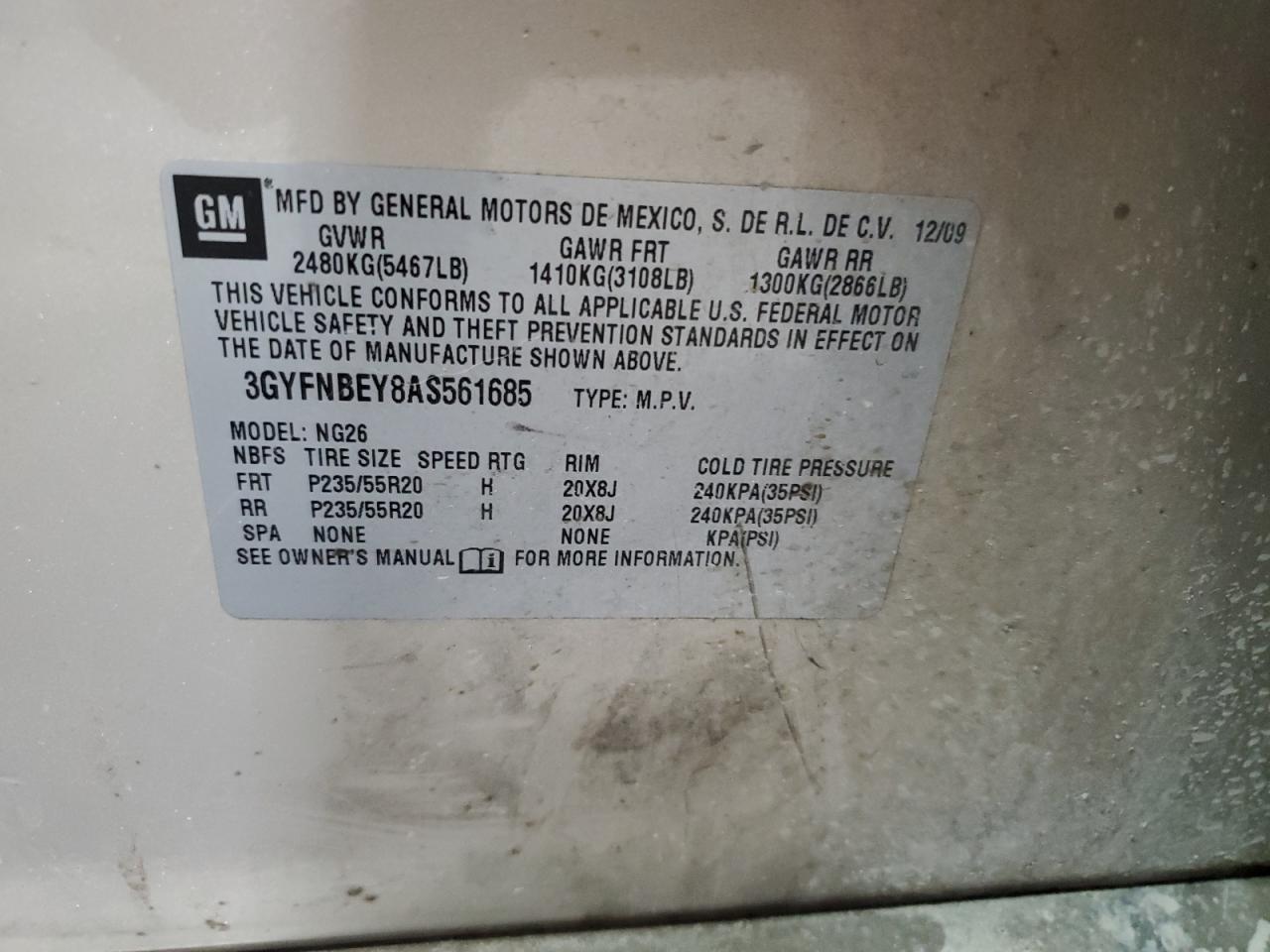 2010 Cadillac SRX VIN 3GYFNBEY8AS561685 Copart auction photo, front end / minor dent/scratches damage thumbnail 13