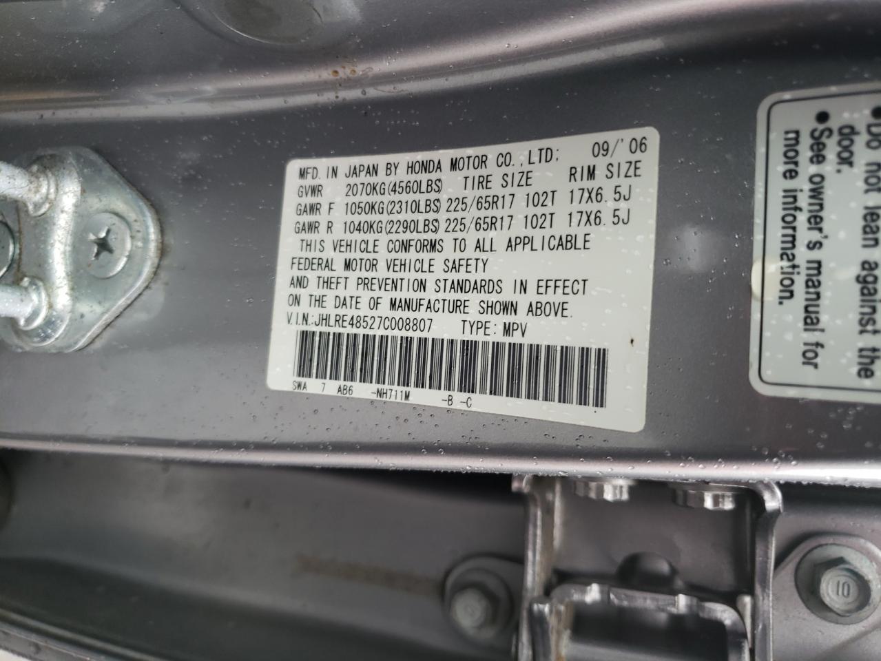 2007 Honda CR-V VIN JHLRE48527C008807 Copart auction photo, front end damage thumbnail 13