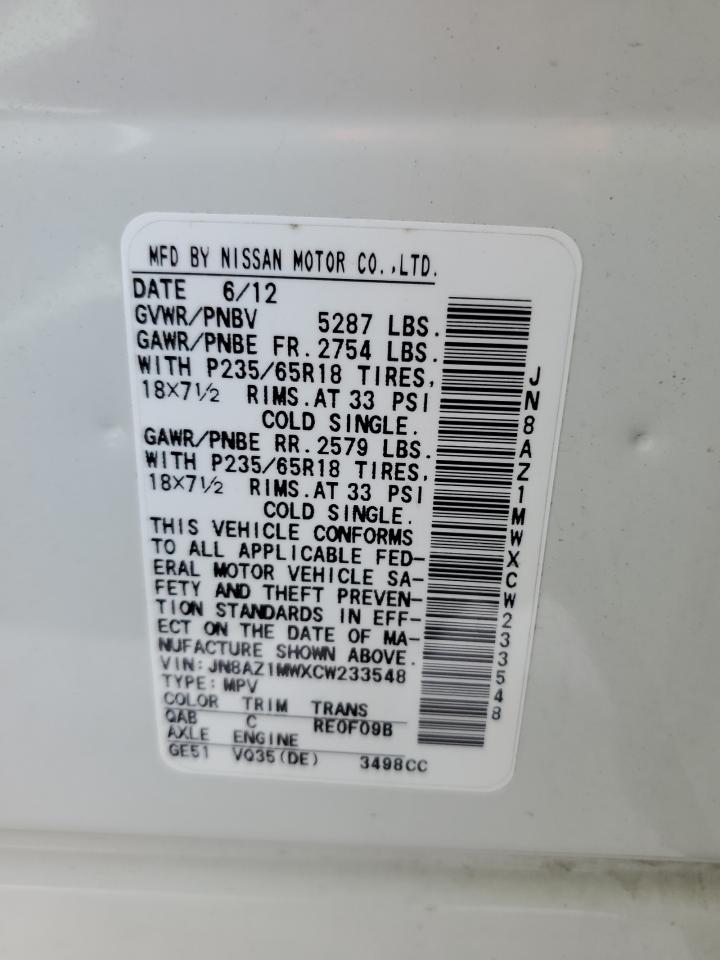 2012 Nissan Murano VIN JN8AZ1MWXCW233548 Copart auction photo, front end / side damage thumbnail 12