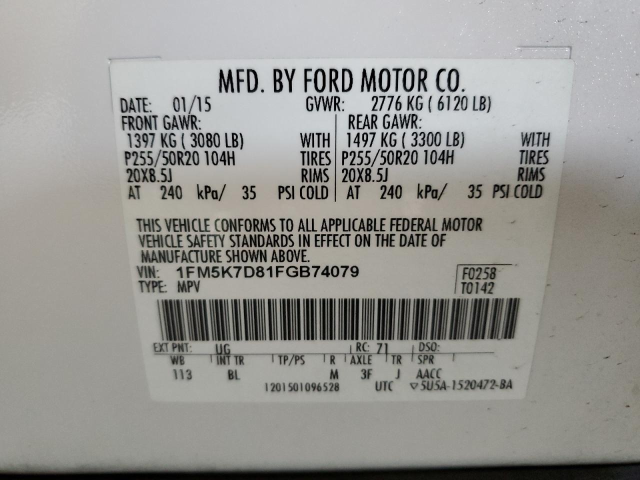 2015 Ford Explorer VIN 1FM5K7D81FGB74079 Copart auction photo, mechanical / minor dent/scratches damage thumbnail 13