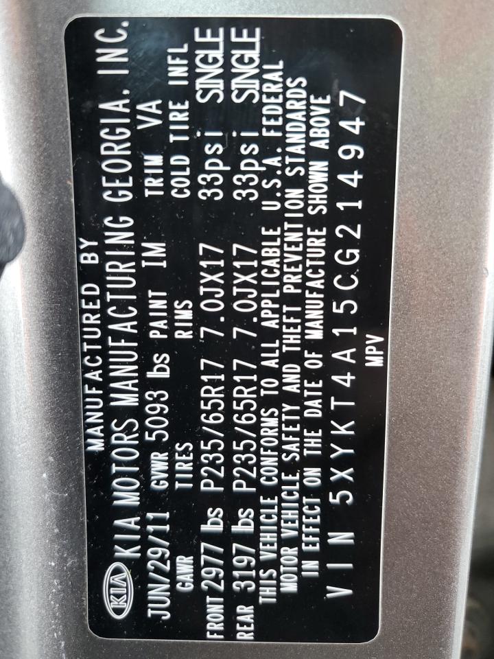 2012 KIA Sorento VIN 5XYKT4A15CG214947 Copart auction photo, side damage thumbnail 13