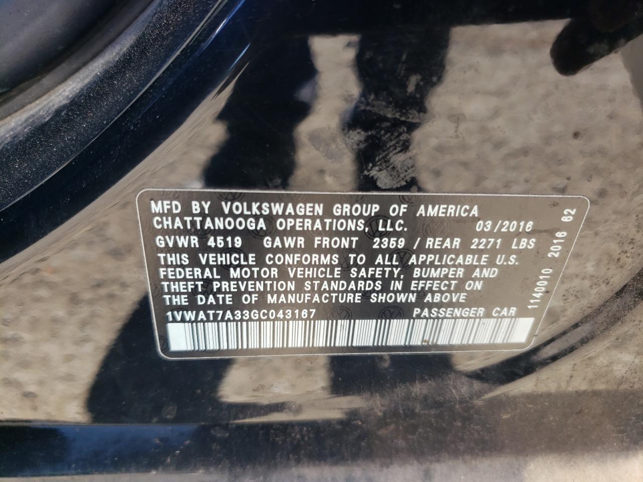 2016 Volkswagen Passat VIN 1VWAT7A33GC043167 Copart auction photo, front end damage thumbnail 13