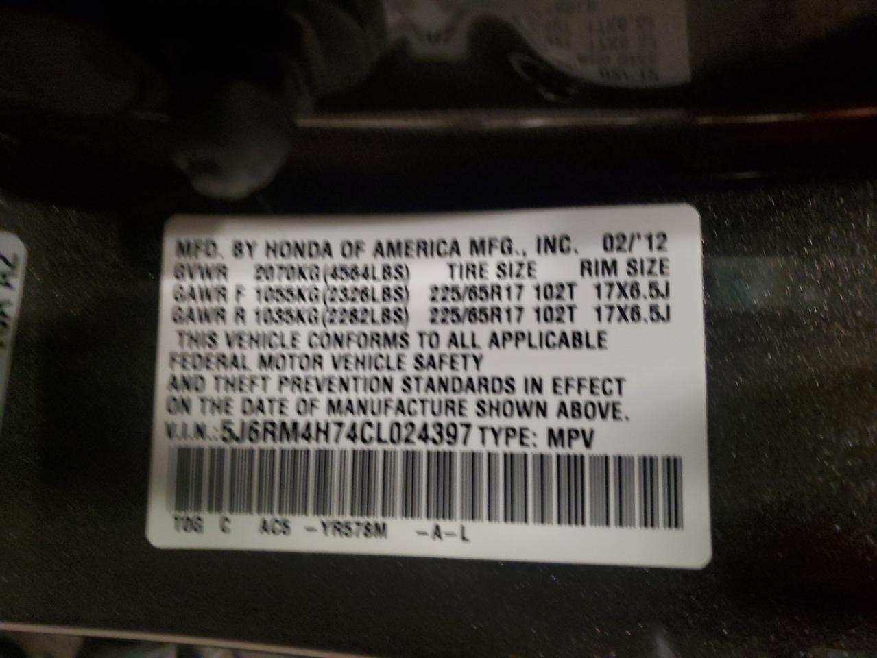 2012 Honda CR-V VIN 5J6RM4H74CL024397 Copart auction photo, front end damage thumbnail 12