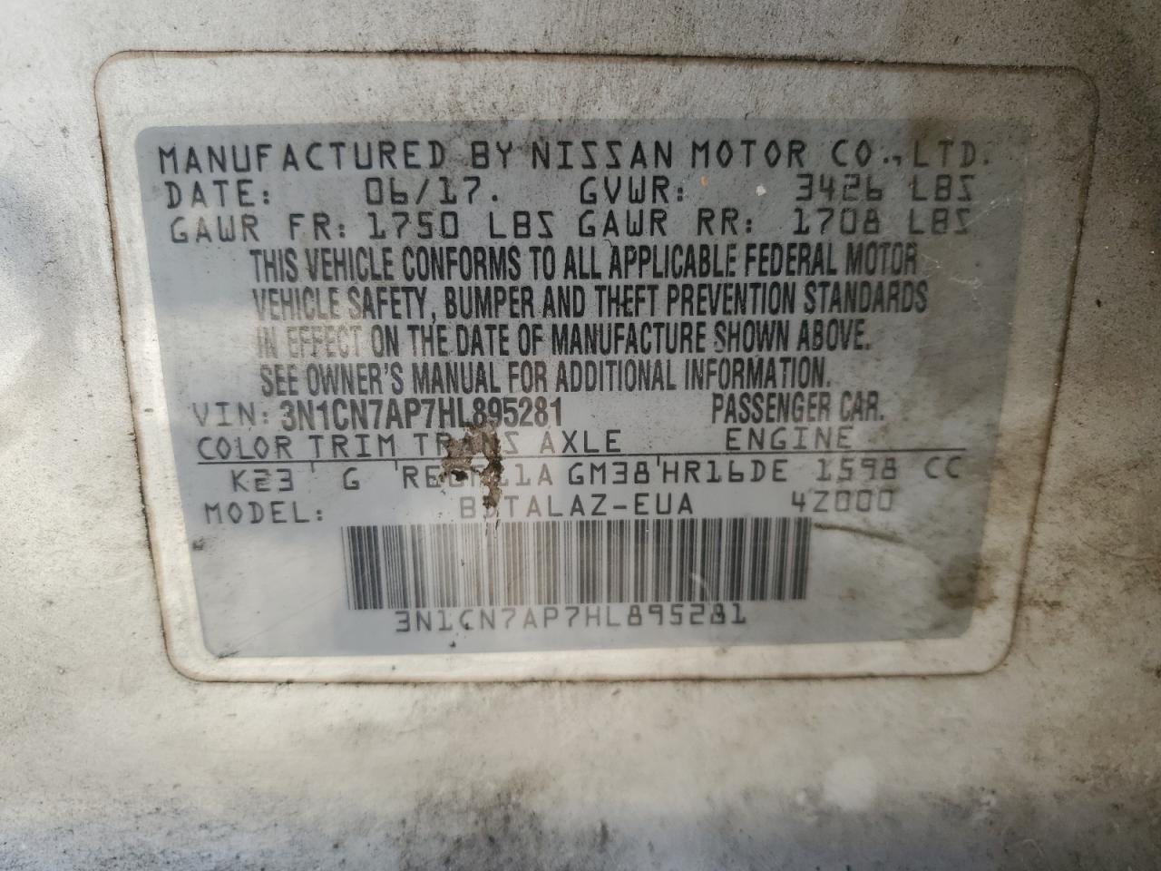 2017 Nissan Versa VIN 3N1CN7AP7HL895281 Copart auction photo, front end damage thumbnail 12