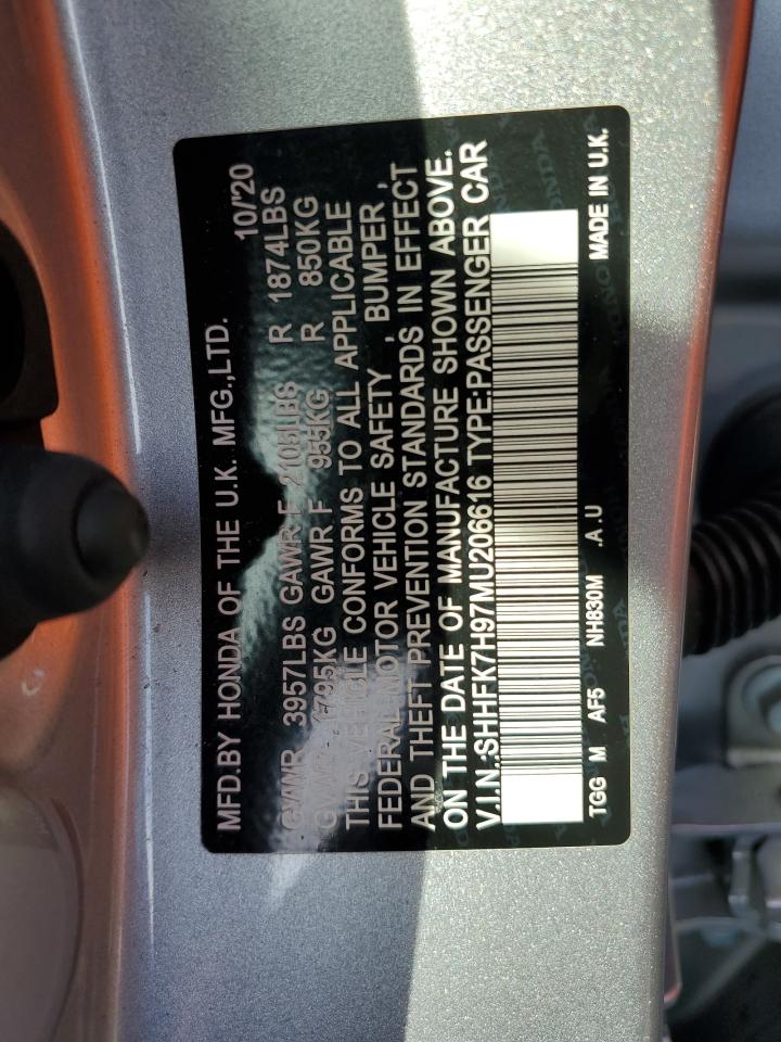 2021 Honda Civic VIN SHHFK7H97MU206616 Copart auction photo, front end damage thumbnail 14