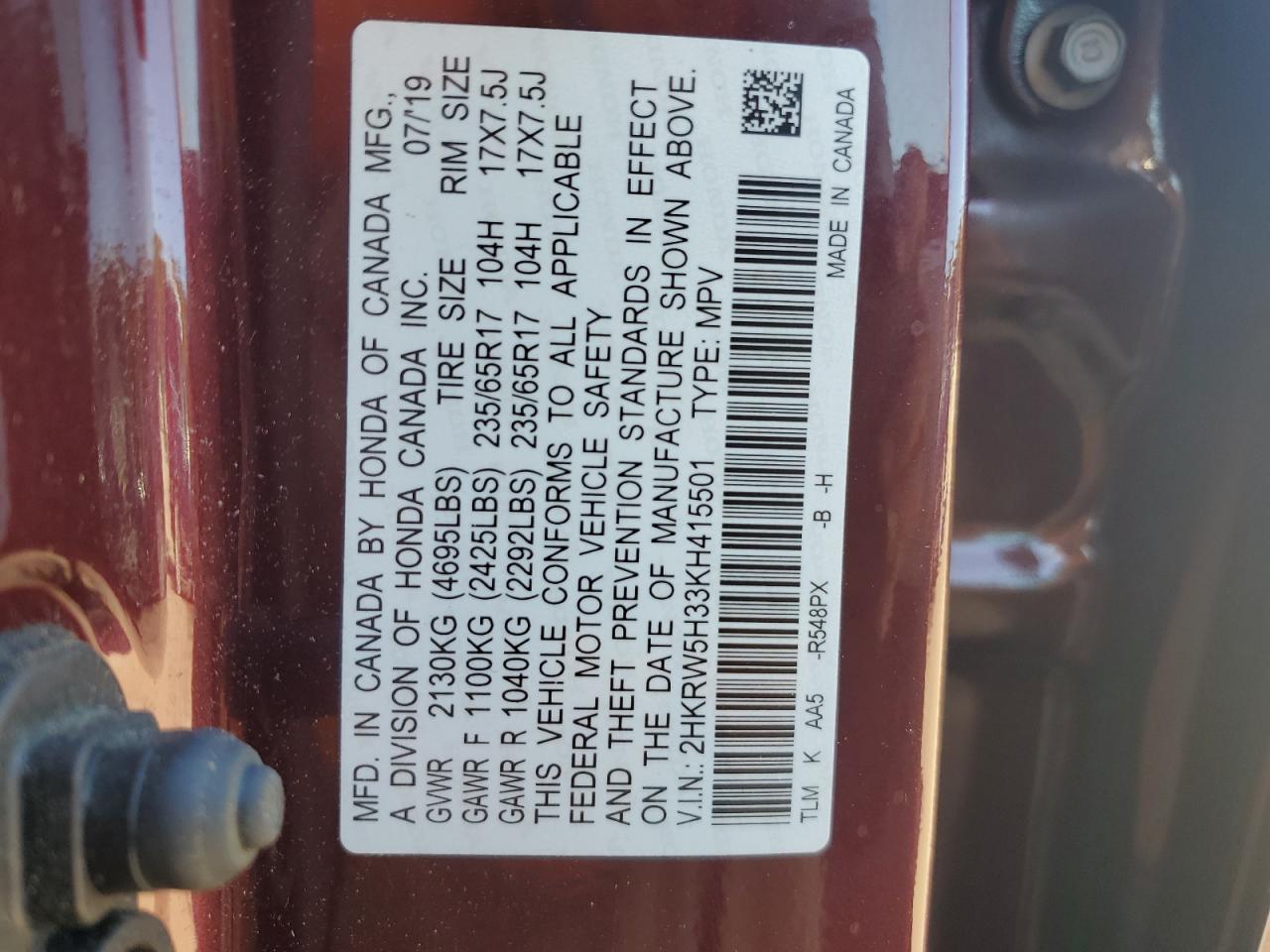 2019 Honda CR-V VIN 2HKRW5H33KH415501 Copart auction photo, front end / minor dent/scratches damage thumbnail 15