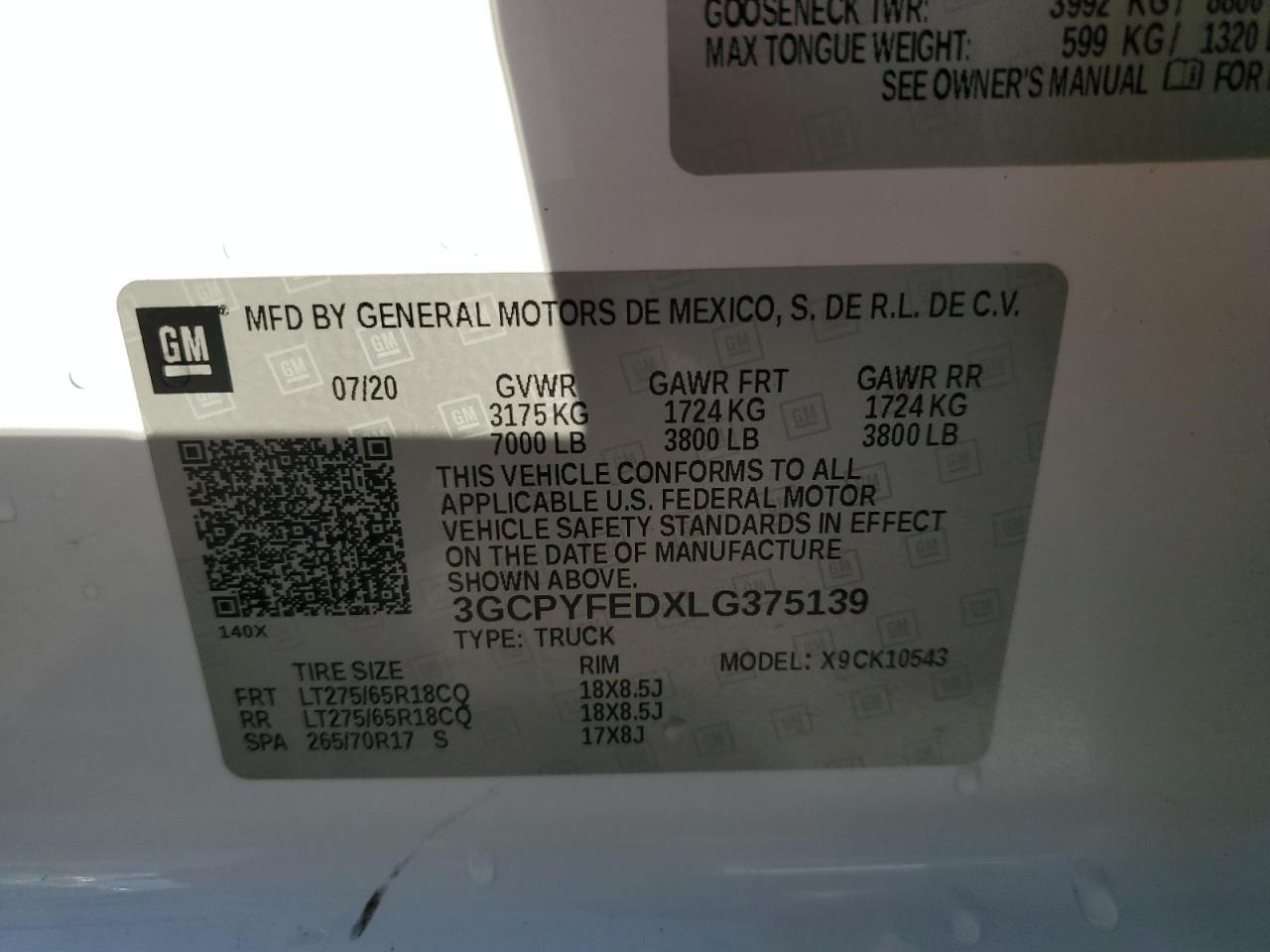2020 Chevrolet Silverado VIN 3GCPYFEDXLG375139 Copart auction photo, rear end / front end damage thumbnail 12