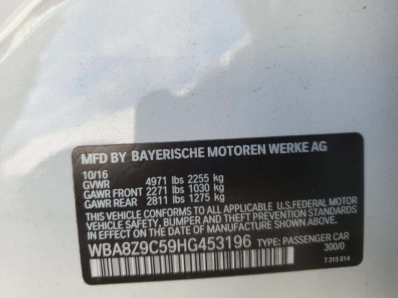 2017 BMW 3er VIN WBA8Z9C59HG453196 Copart auction photo, front end damage thumbnail 12