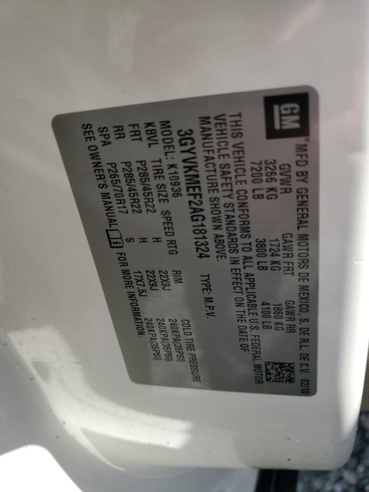 2010 Cadillac Escalade VIN 3GYVKMEF2AG181324 Copart auction photo, water/flood damage thumbnail 13
