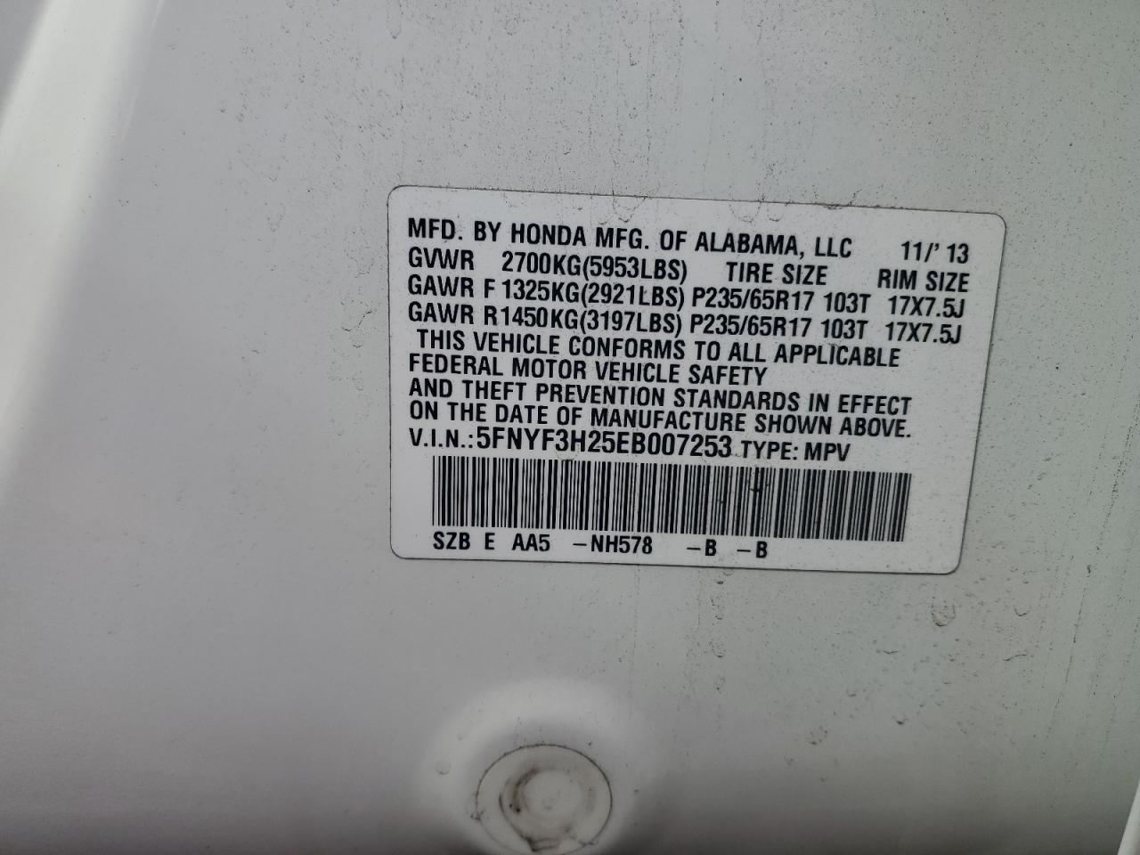 2014 Honda Pilot VIN 5FNYF3H25EB007253 Copart auction photo, all over damage thumbnail 13
