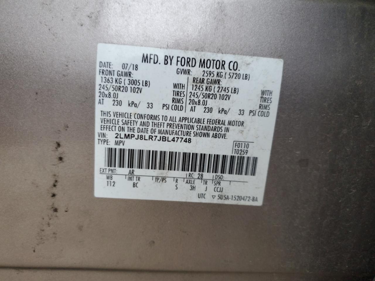2018 Lincoln MKX VIN 2LMPJ8LR7JBL47748 Copart auction photo, front end / side damage thumbnail 14