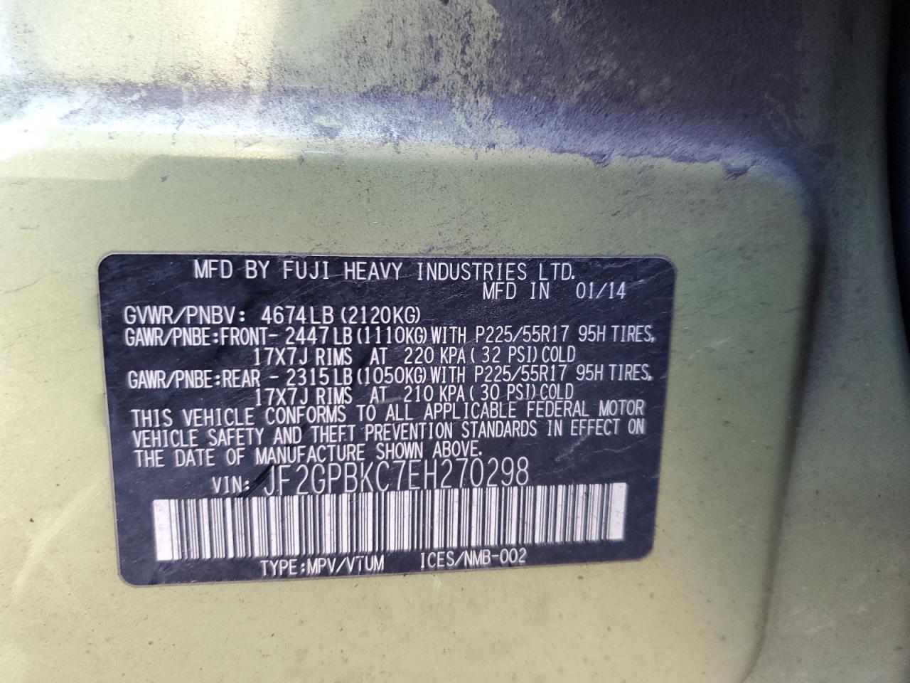 2014 Subaru XV VIN JF2GPBKC7EH270298 Copart auction photo, rear end damage thumbnail 14