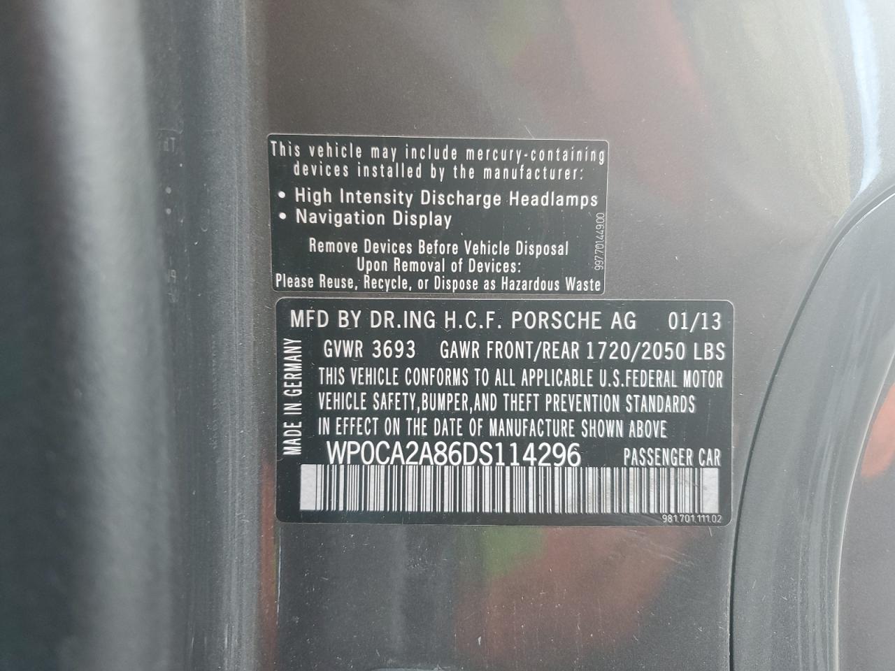 2013 Porsche Boxster VIN WP0CA2A86DS114296 Copart auction photo, front end damage thumbnail 15