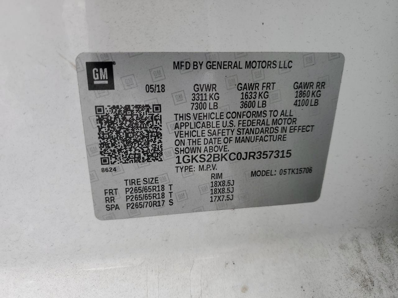 2018 GMC Yukon VIN 1GKS2BKC0JR357315 Copart auction photo, rear end / undercarriage damage thumbnail 16