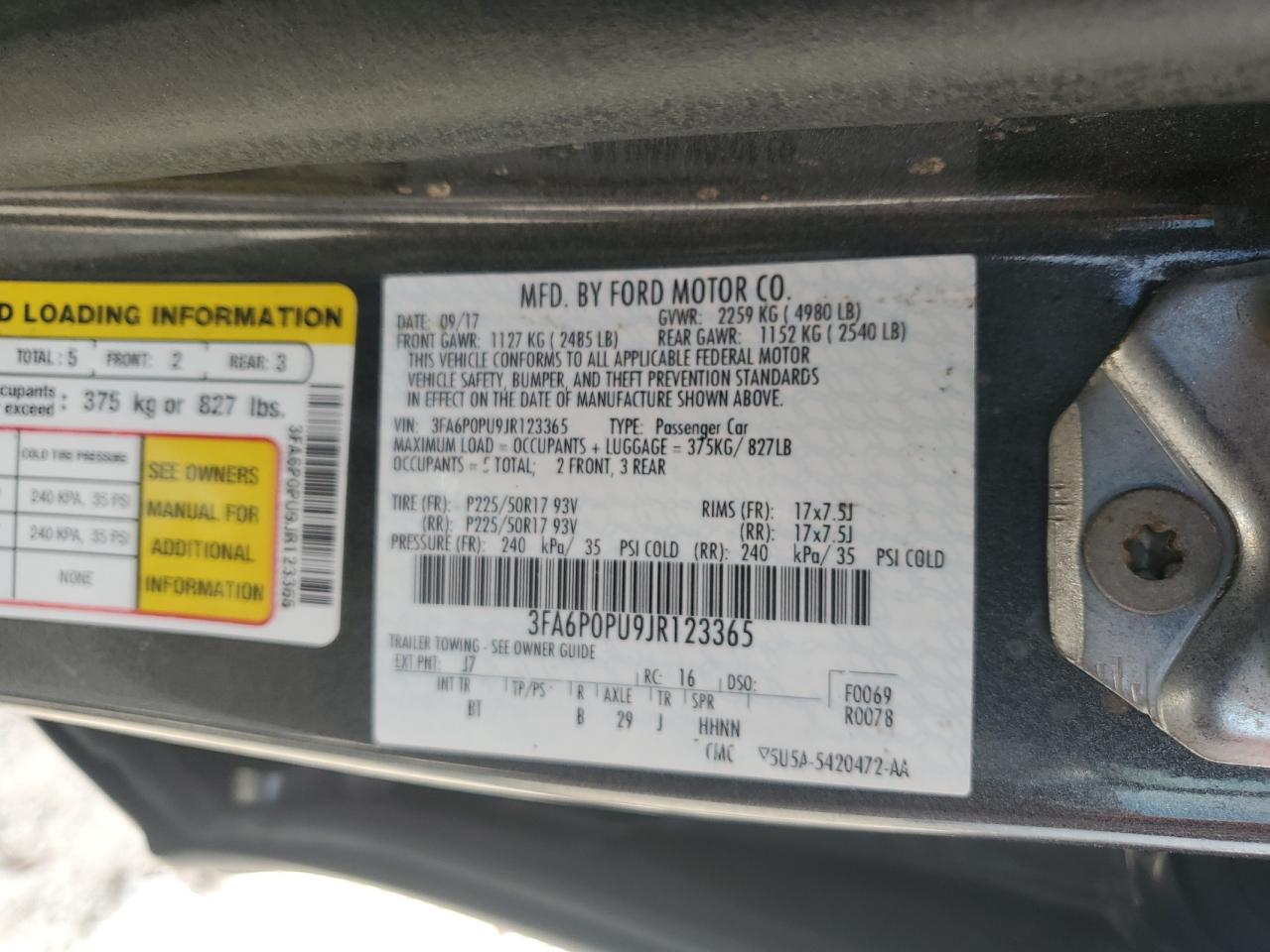 2018 Ford Fusion VIN 3FA6P0PU9JR123365 Copart auction photo, rear end damage thumbnail 12