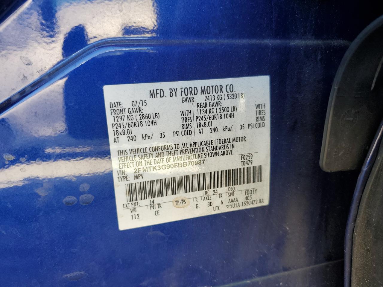 2015 Ford Edge VIN 2FMTK3G90FBB70987 Copart auction photo, front end / side damage thumbnail 13