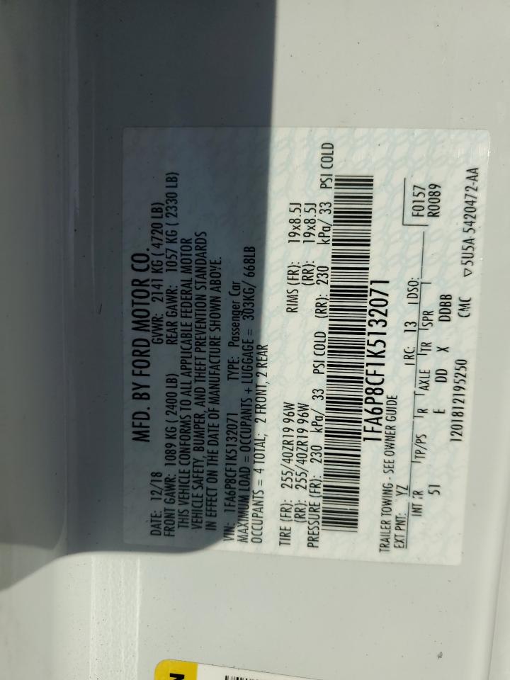 2019 Ford Mustang VIN 1FA6P8CF1K5132071 Copart auction photo, all over damage thumbnail 12
