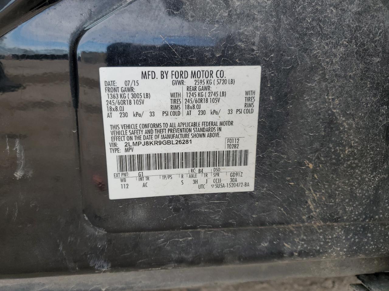 2016 Lincoln MKX VIN 2LMPJ8KR9GBL26281 Copart auction photo, front end / side damage thumbnail 12