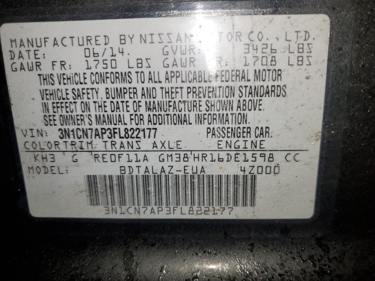 2015 Nissan Versa VIN 3N1CN7AP3FL822177 Copart auction photo, rear end damage thumbnail 12