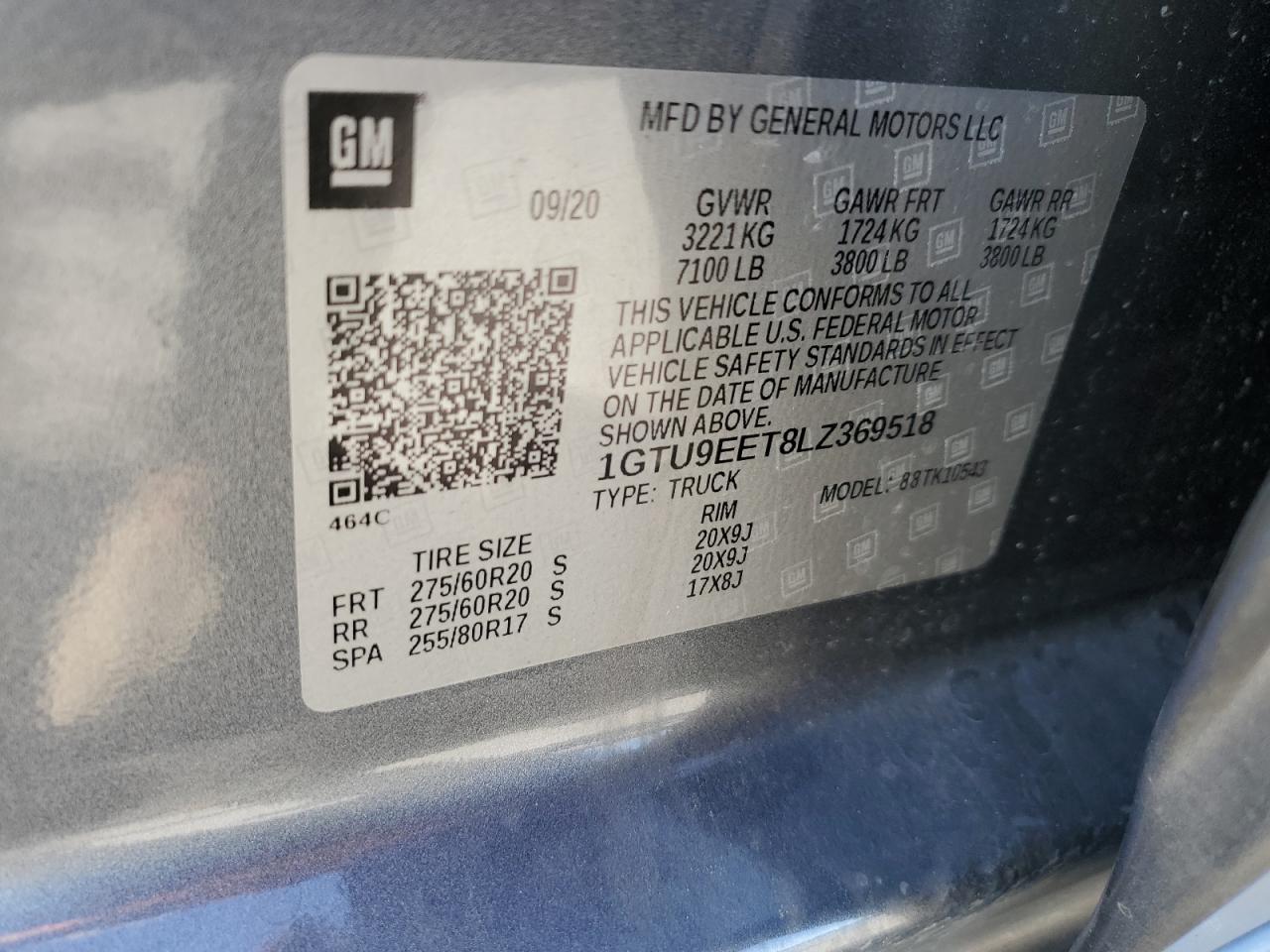 2020 GMC Sierra VIN 1GTU9EET8LZ369518 Copart auction photo, all over damage thumbnail 12