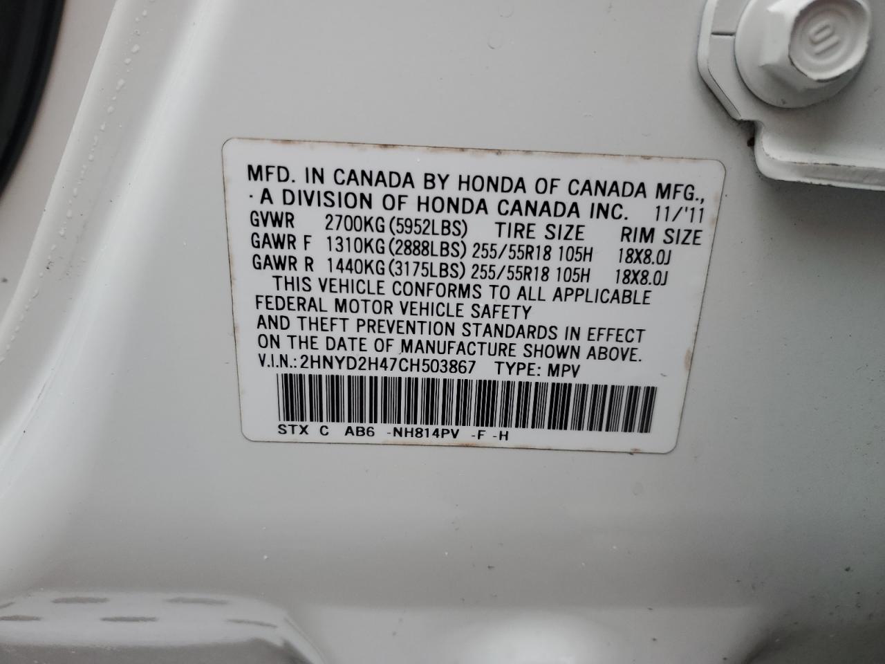 2012 Acura MDX VIN 2HNYD2H47CH503867 Copart auction photo, front end damage thumbnail 13