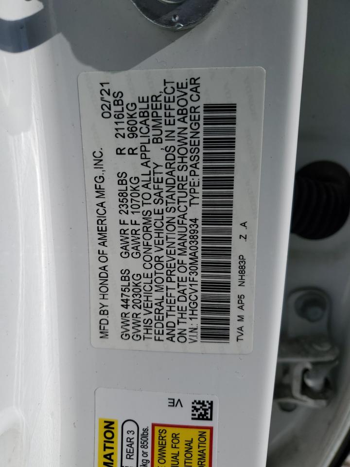 2021 Honda Accord VIN 1HGCV1F30MA038934 Copart auction photo, front end damage thumbnail 14