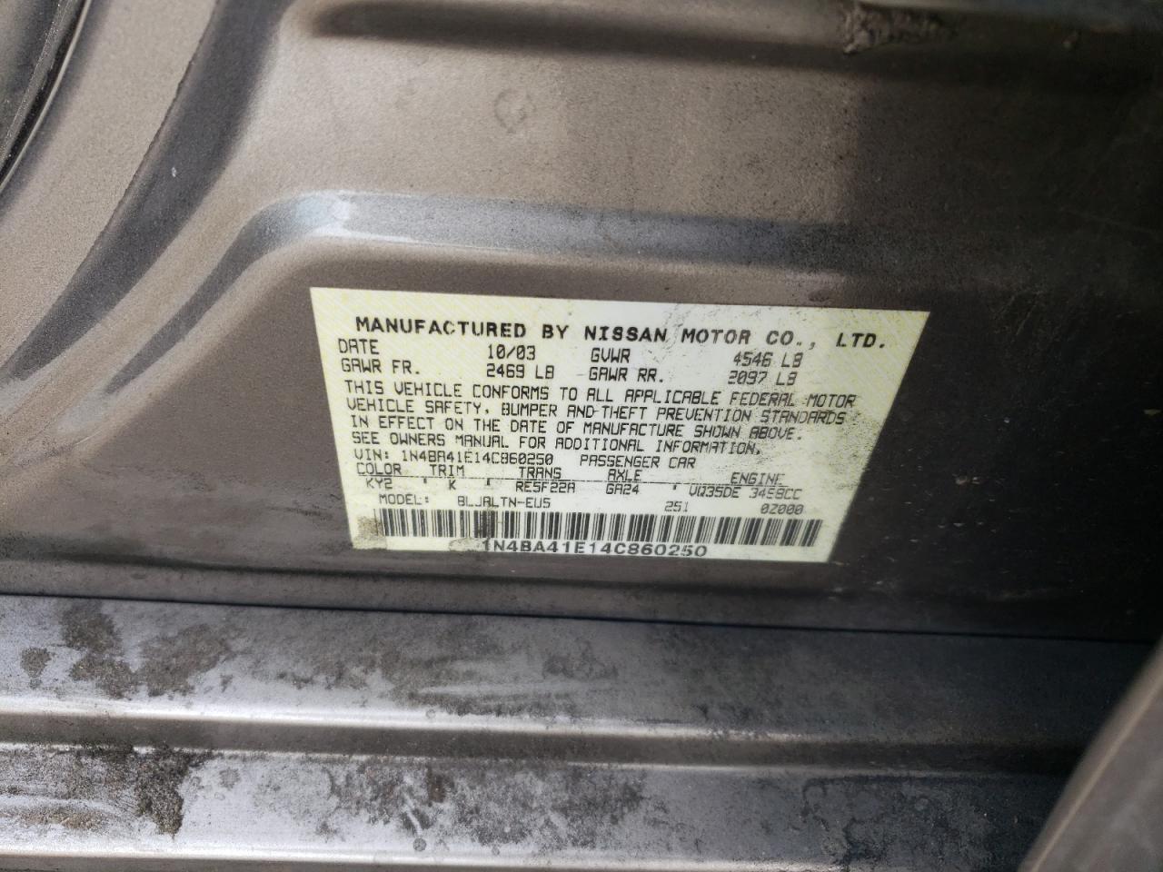2004 Nissan Maxima VIN 1N4BA41E14C860250 Copart auction photo, front end / undercarriage damage thumbnail 14