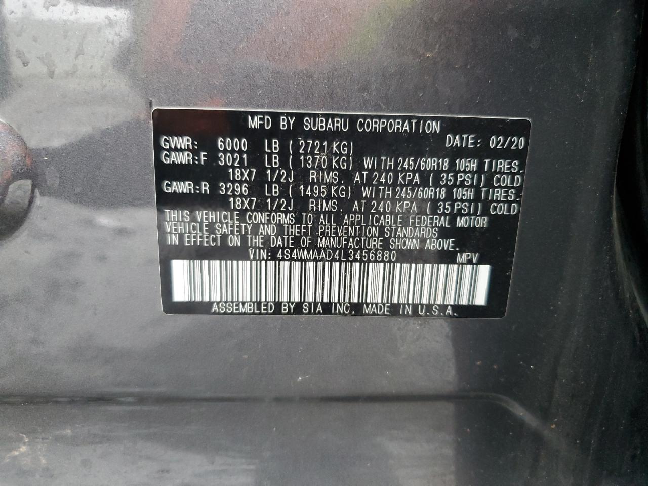 2020 Subaru Ascent VIN 4S4WMAAD4L3456880 Copart auction photo, side / rear end damage thumbnail 13