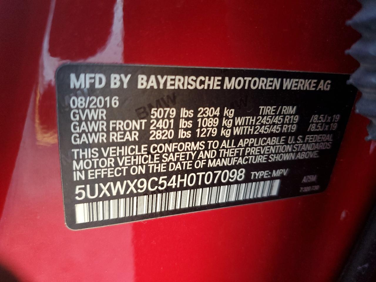 2017 BMW X3 VIN 5UXWX9C54H0T07098 Copart auction photo, front end damage thumbnail 12
