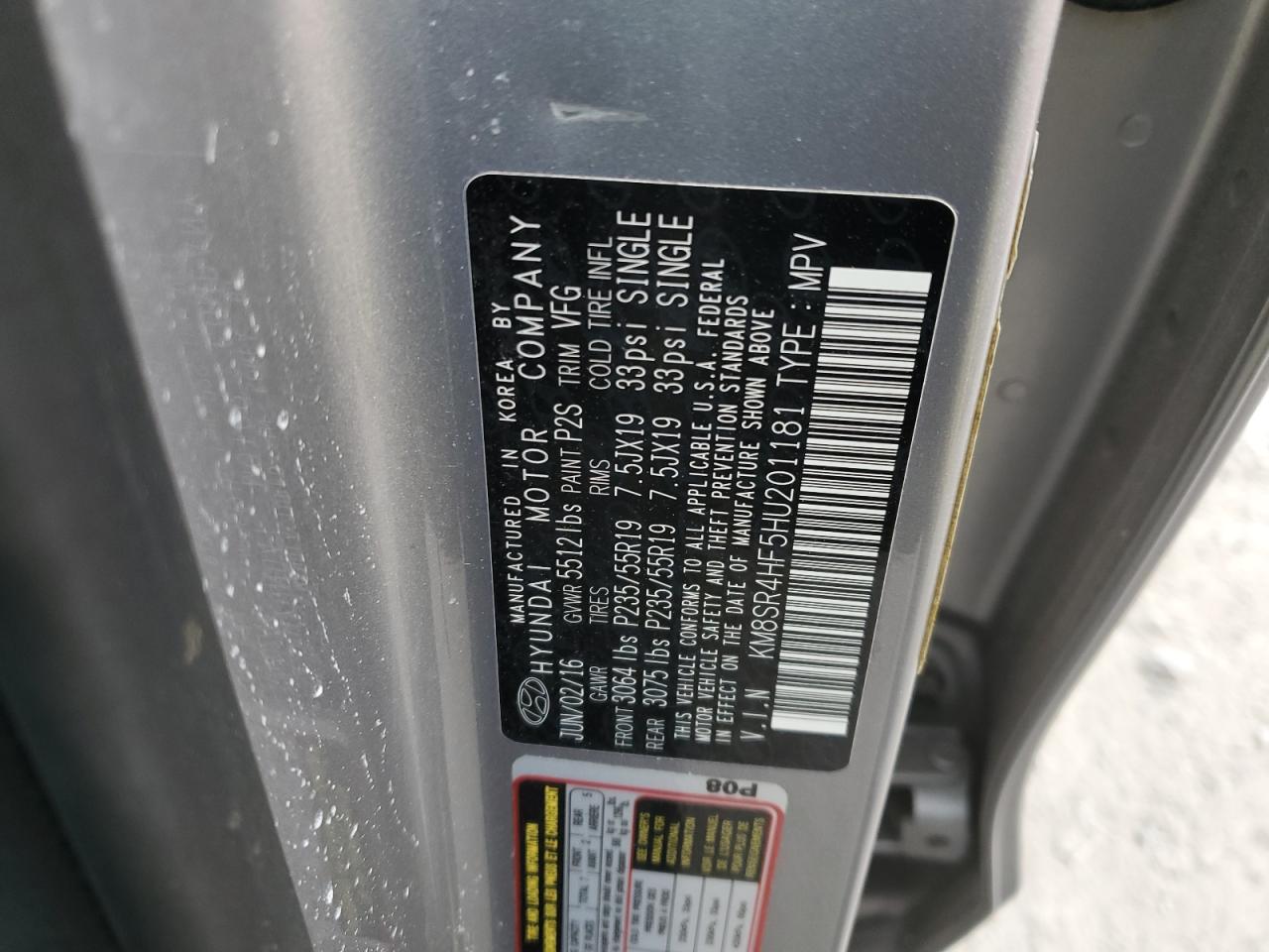 2017 Hyundai Santa Fe VIN KM8SR4HF5HU201181 Copart auction photo, front end / rear end damage thumbnail 14