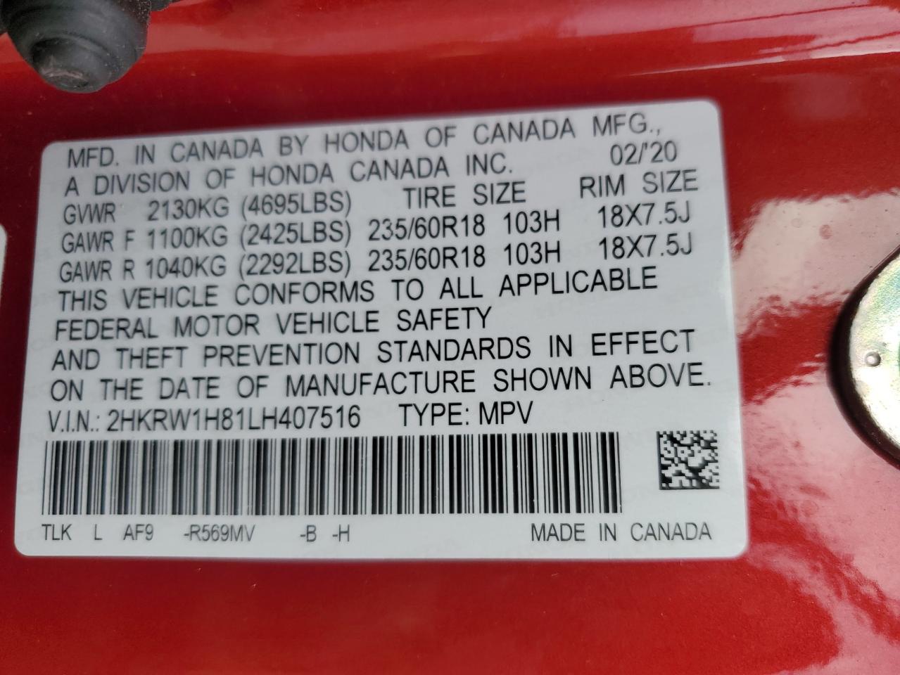 2020 Honda CR-V VIN 2HKRW1H81LH407516 Copart auction photo, front end / side damage thumbnail 13