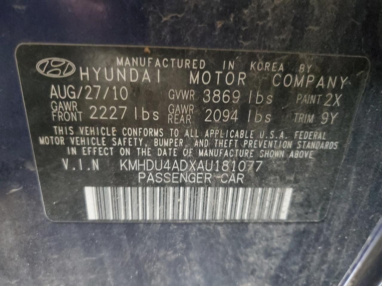2010 Hyundai Elantra VIN KMHDU4ADXAU181077 Copart auction photo, mechanical damage thumbnail 12
