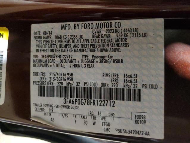 2015 Ford Fusion VIN 3FA6P0G78FR122712 Copart auction photo, front end / side damage thumbnail 12
