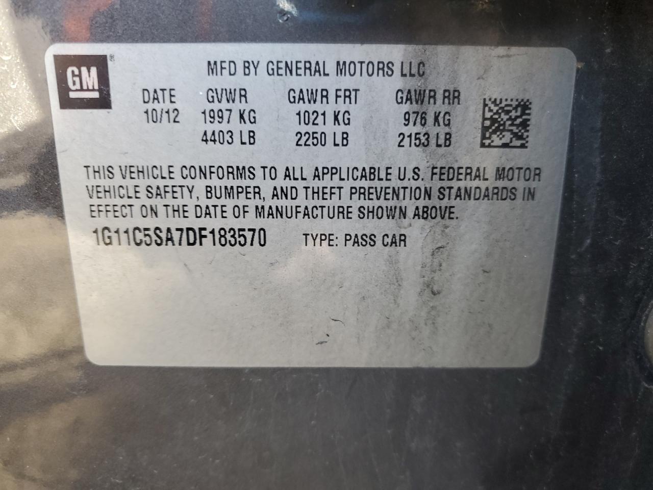 2013 Chevrolet Malibu VIN 1G11C5SA7DF183570 Copart auction photo, front end / side damage thumbnail 15