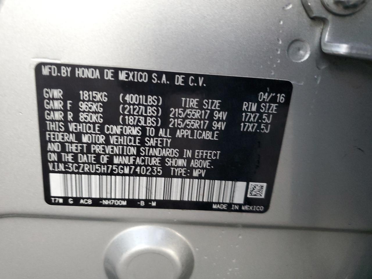 2016 Honda HR-V VIN 3CZRU5H75GM740235 Copart auction photo, rear end damage thumbnail 12