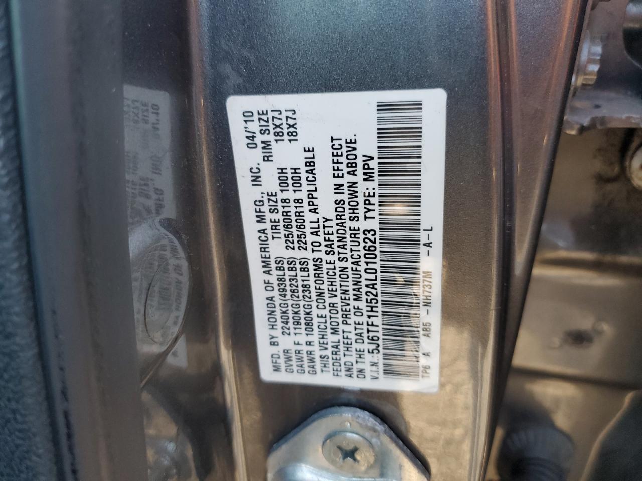 2010 Honda Accord VIN 5J6TF1H52AL010623 Copart auction photo, front end damage thumbnail 12