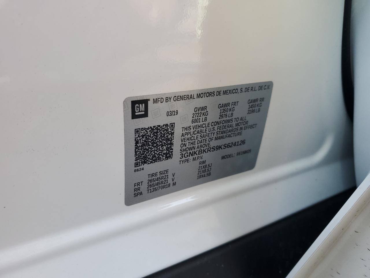 2019 Chevrolet Blazer VIN 3GNKBKRS9KS624126 Copart auction photo, front end damage thumbnail 14