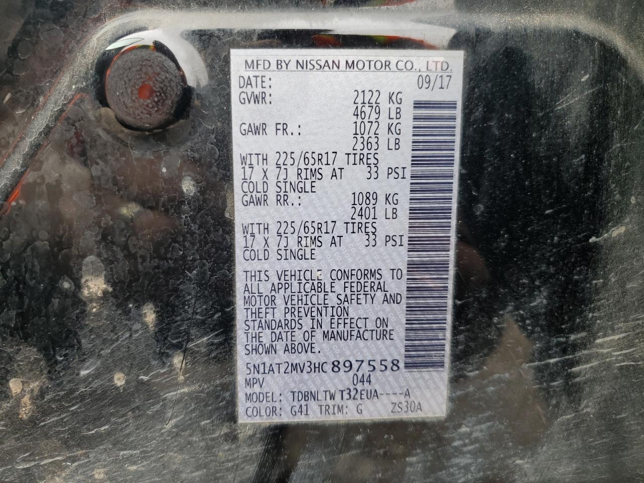 2017 Nissan Rogue VIN 5N1AT2MV3HC897558 Copart auction photo, front end / minor dent/scratches damage thumbnail 14