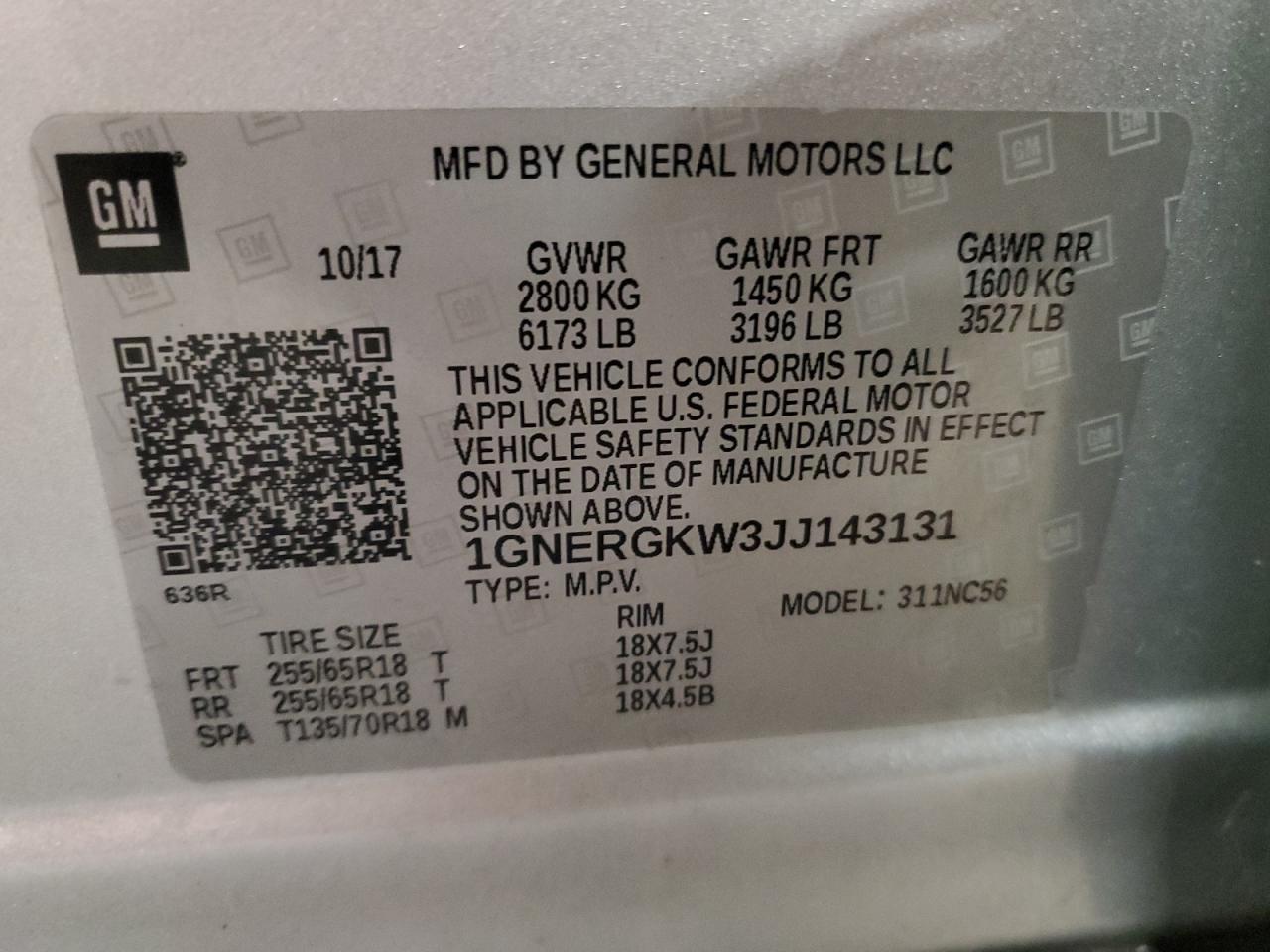 2018 Chevrolet Traverse VIN 1GNERGKW3JJ143131 Copart auction photo, rear end / side damage thumbnail 15