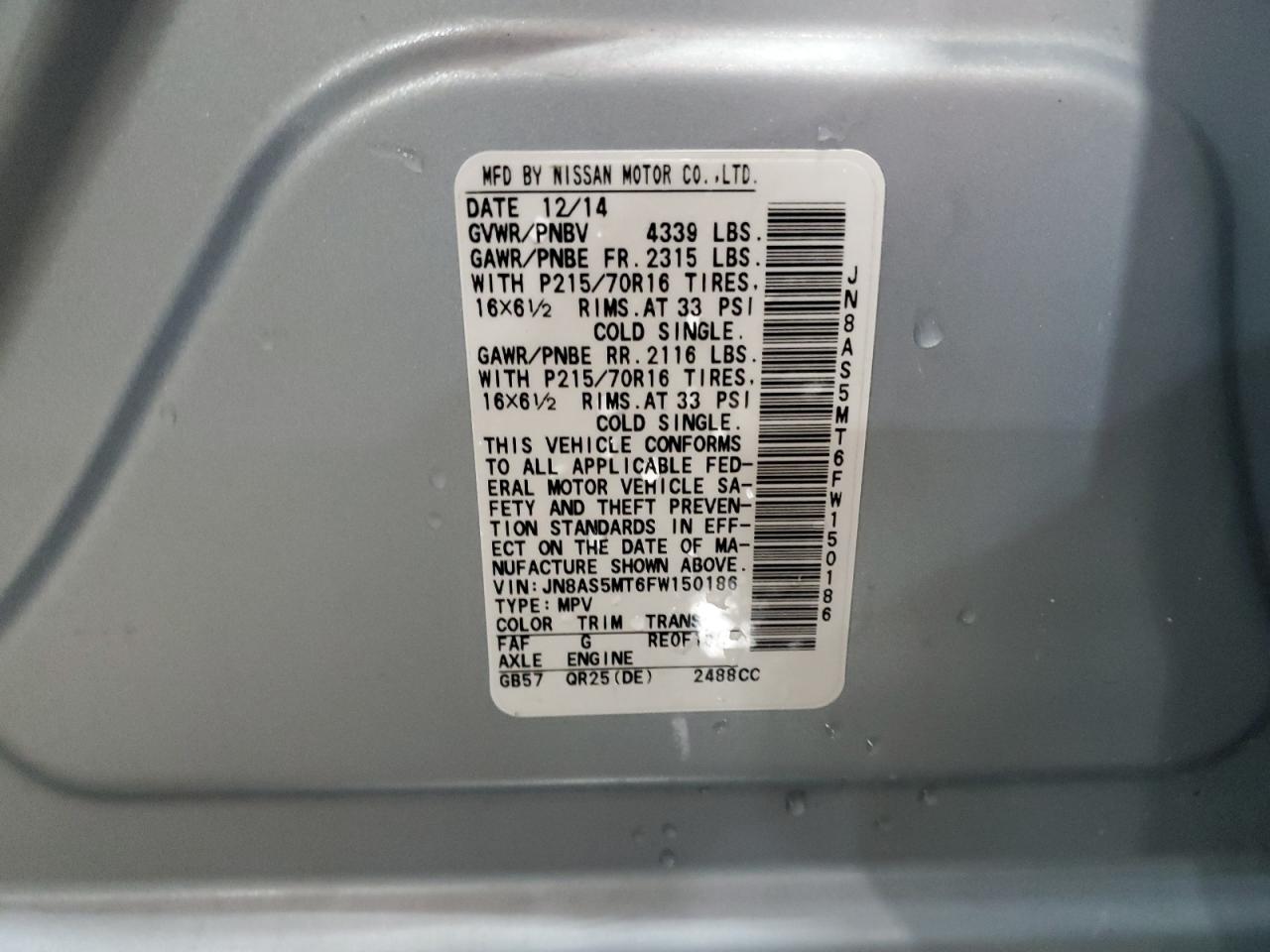 2015 Nissan Rogue VIN JN8AS5MT6FW150186 Copart auction photo, front end damage thumbnail 14