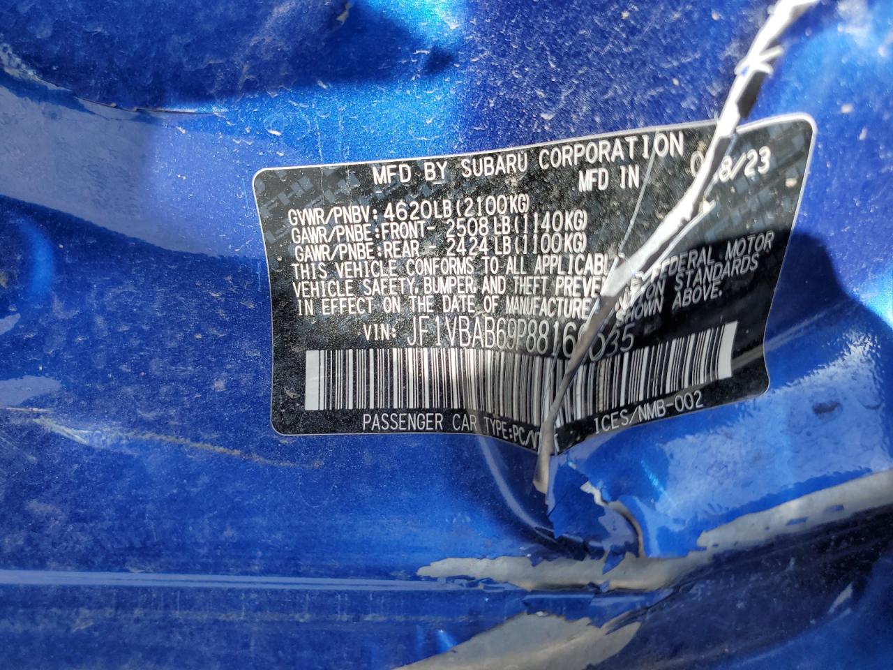 2023 Subaru WRX VIN JF1VBAB69P8816035 Copart auction photo, side / front end damage thumbnail 12
