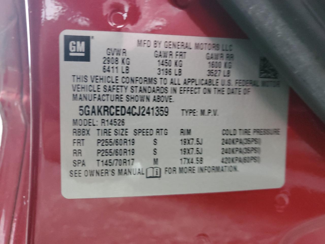 2012 Buick Enclave VIN 5GAKRCED4CJ241359 Copart auction photo, front end / minor dent/scratches damage thumbnail 14