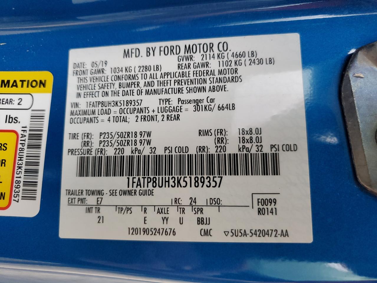 2019 Ford Mustang VIN 1FATP8UH3K5189357 Copart auction photo, water/flood damage thumbnail 13